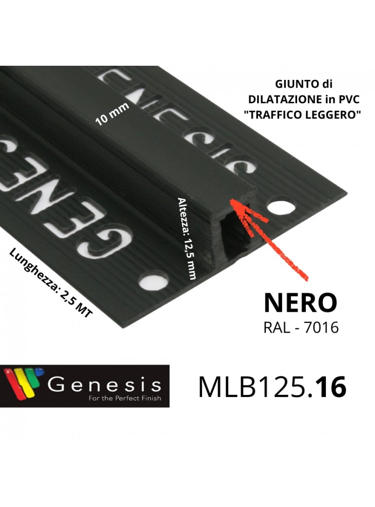 MLB125.16 – Giunto di Dilatazione in PVC per Traffico Leggero (Genesis) – Altezza 12,5 mm – Lunghezza 2,5 m – NERO