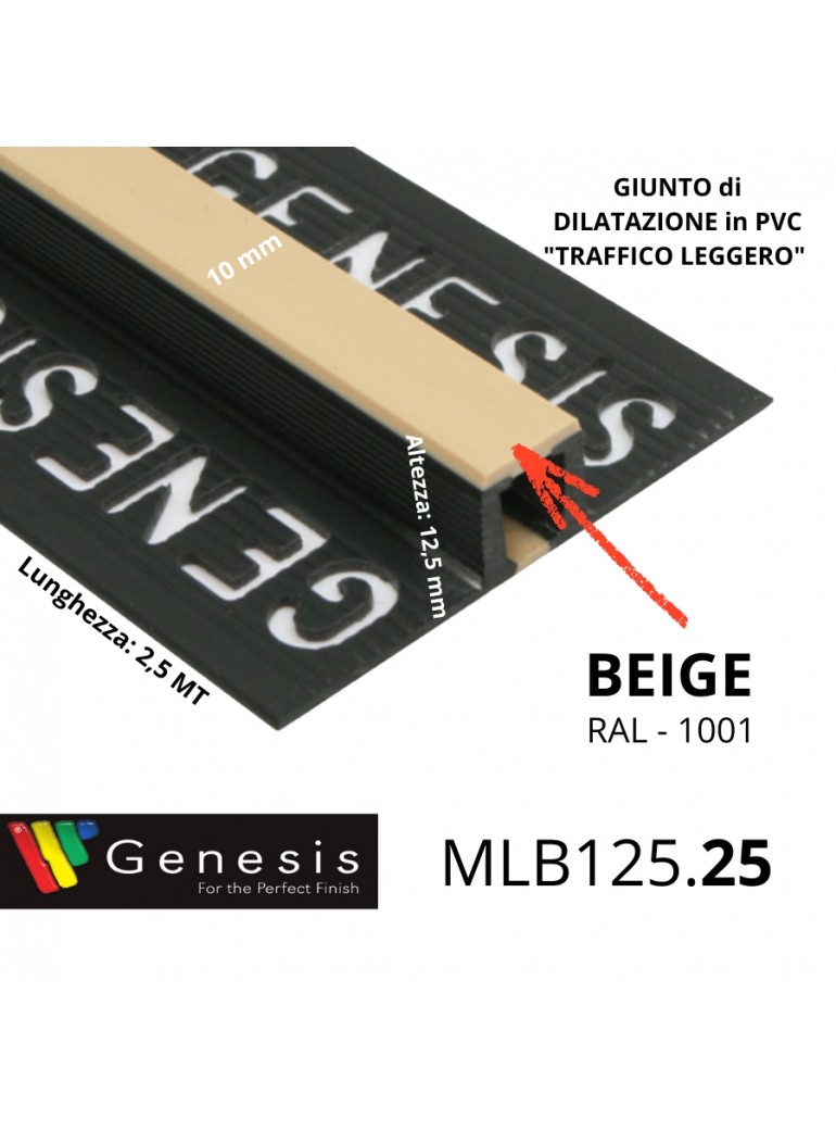 MLB125.25 – Giunto di Dilatazione in PVC per Traffico Leggero (Genesis) – Altezza 12,5 mm – Lunghezza 2,5 m – BEIGE