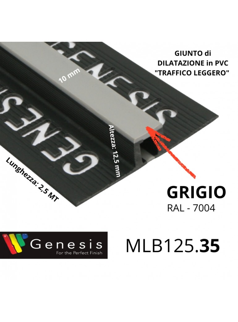 MLB125.35 – Giunto di Dilatazione in PVC per Traffico Leggero (Genesis) – Altezza 12,5 mm – Lunghezza 2,5 m – GRIGIO